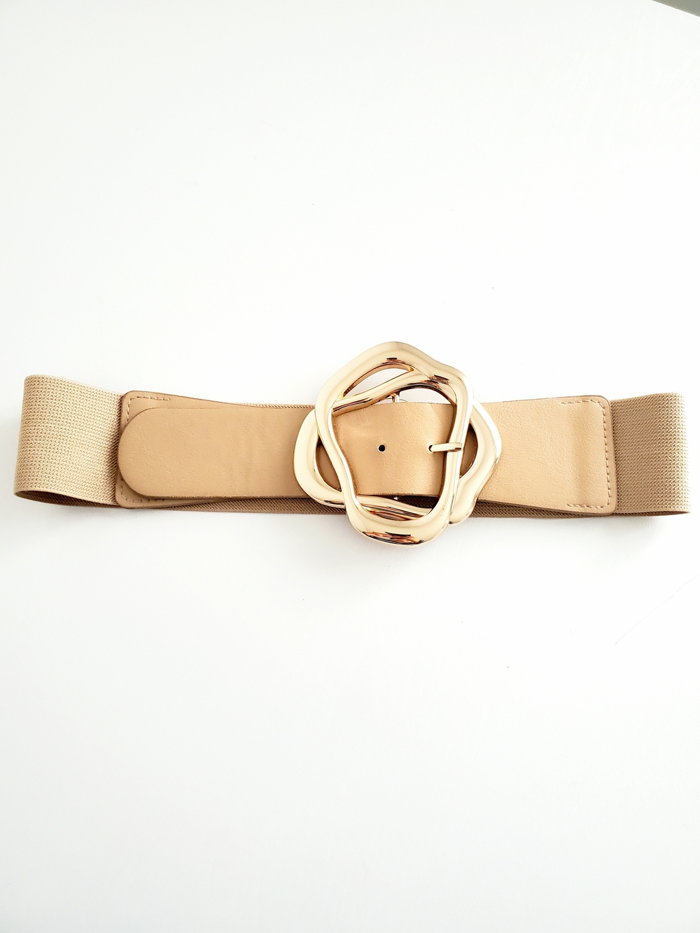 Beige Elastic Waist Belt with Gold Decorative Buckle